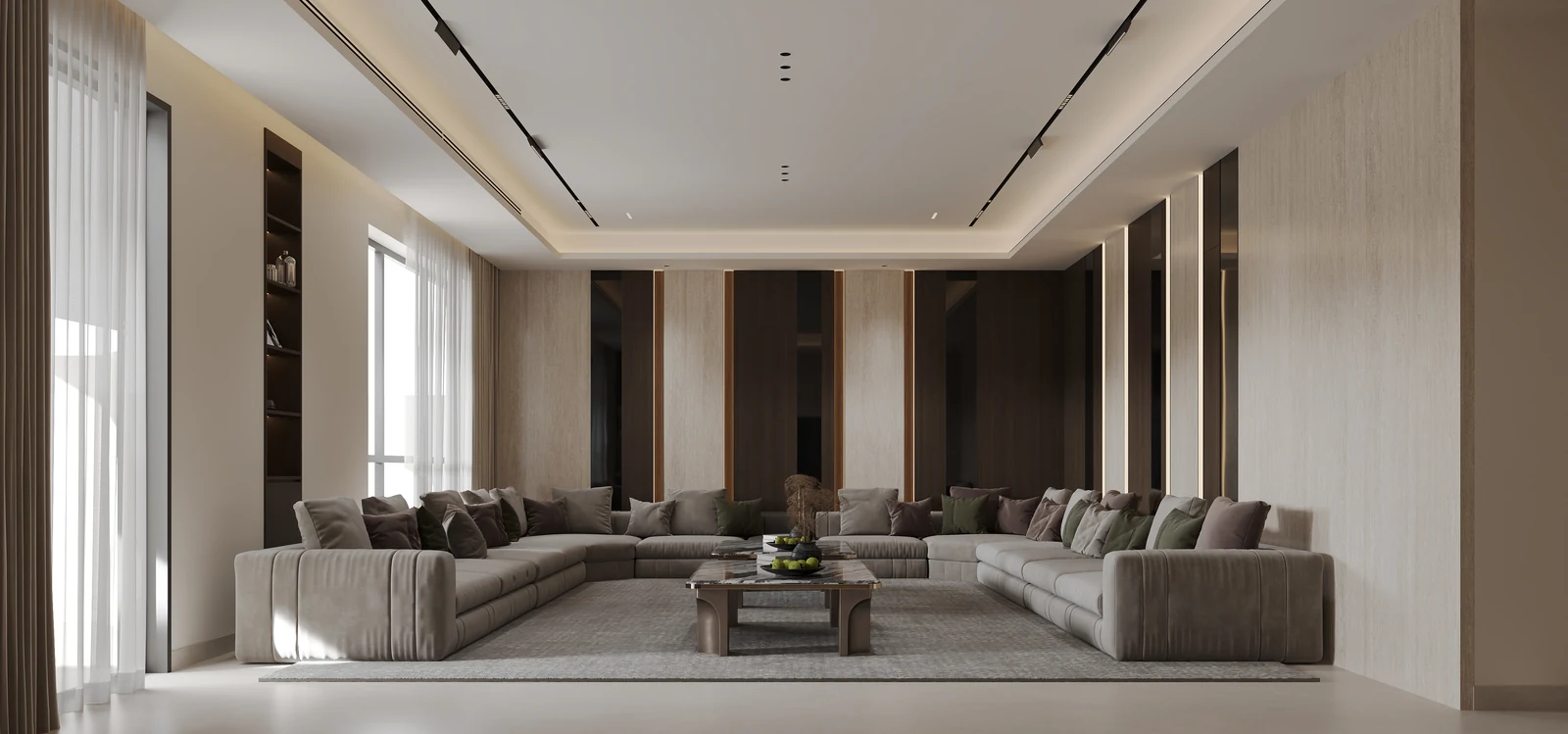 Shamkha Private Villa majlis design with deep timber panels, generous seating and layered natural light