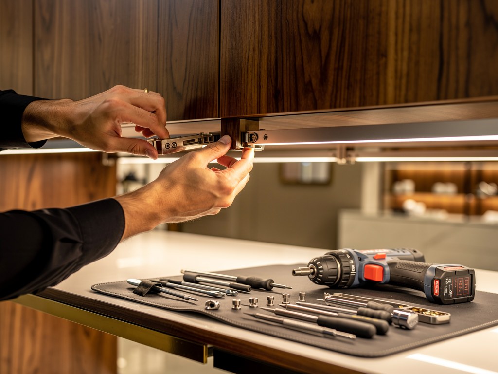 Technician repairing cabinet hardware and LED lighting in a premium commercial interior