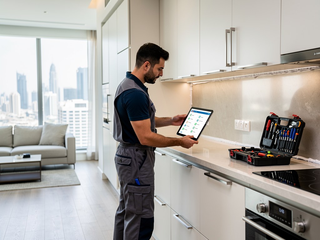 Move-in and rental-ready kitchen inspection with organized tools and tablet checklist