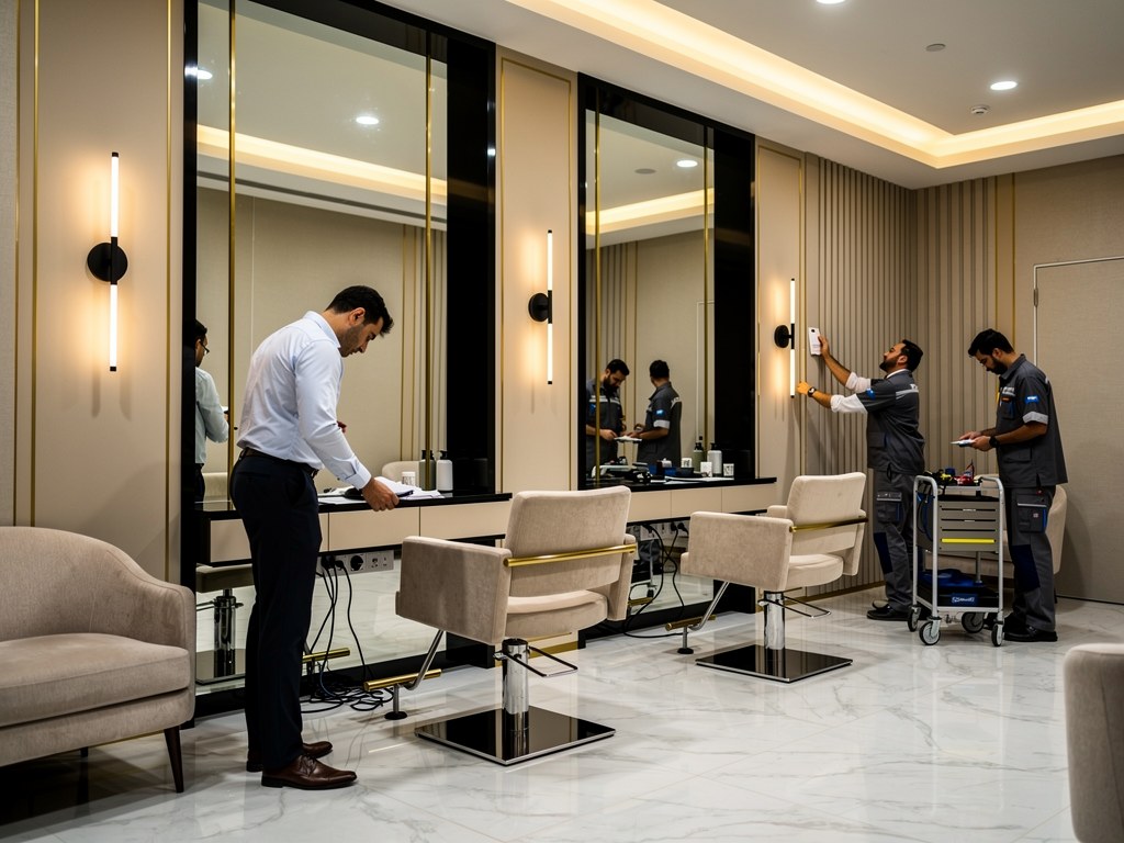 After-hours salon maintenance inspection with technicians checking lighting and fixtures