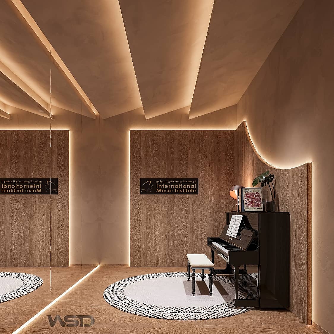 Saadiyat Island Music Studio practice room with piano, timber walls and warm acoustic lighting