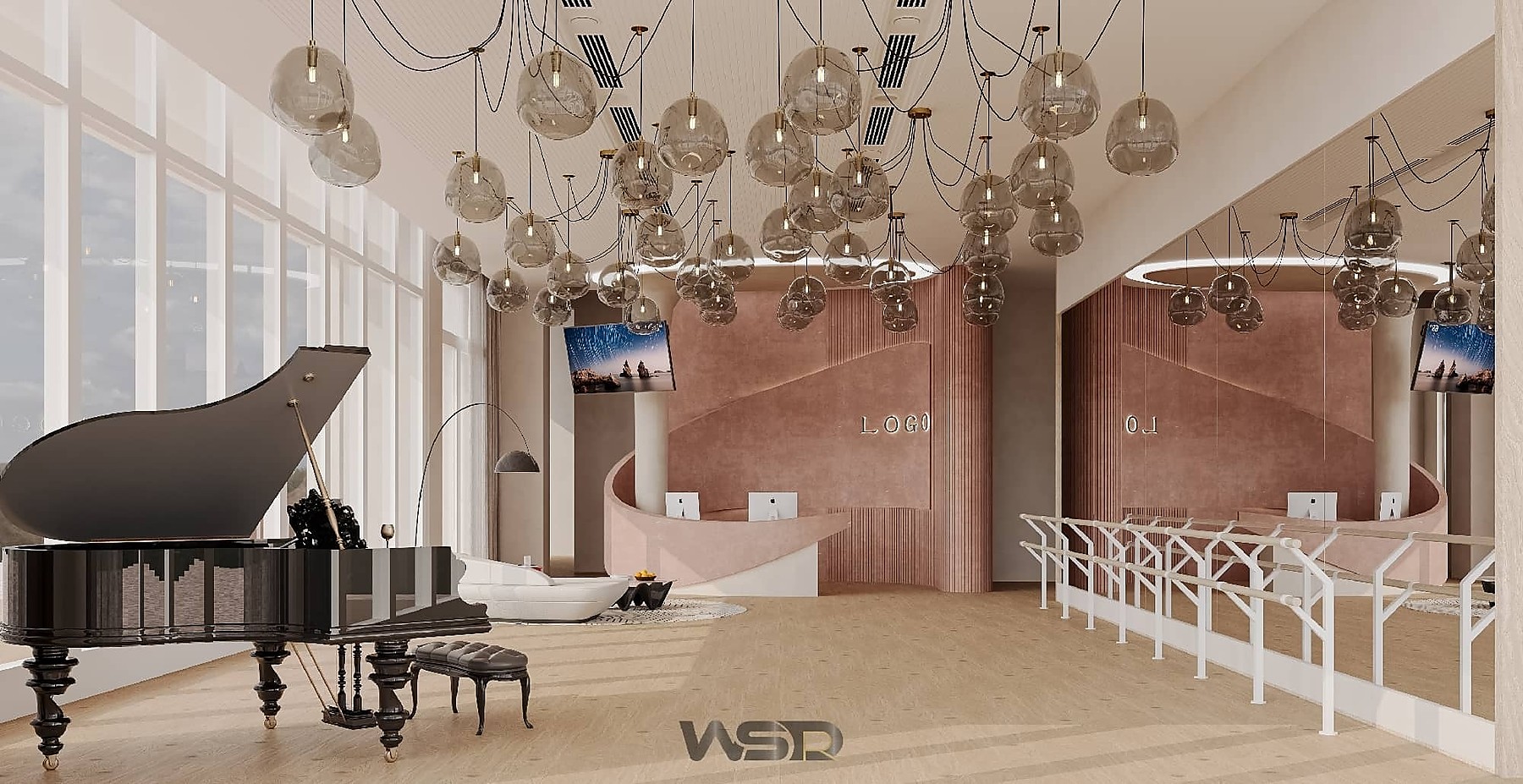Saadiyat Island Music Studio interior with piano, curved reception and pendant lighting