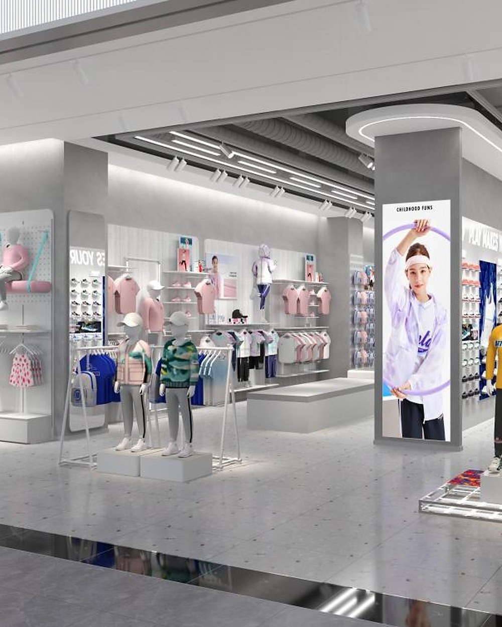 ANTA retail store fit-out with children's sportswear display, illuminated shelving and mall shopfront details