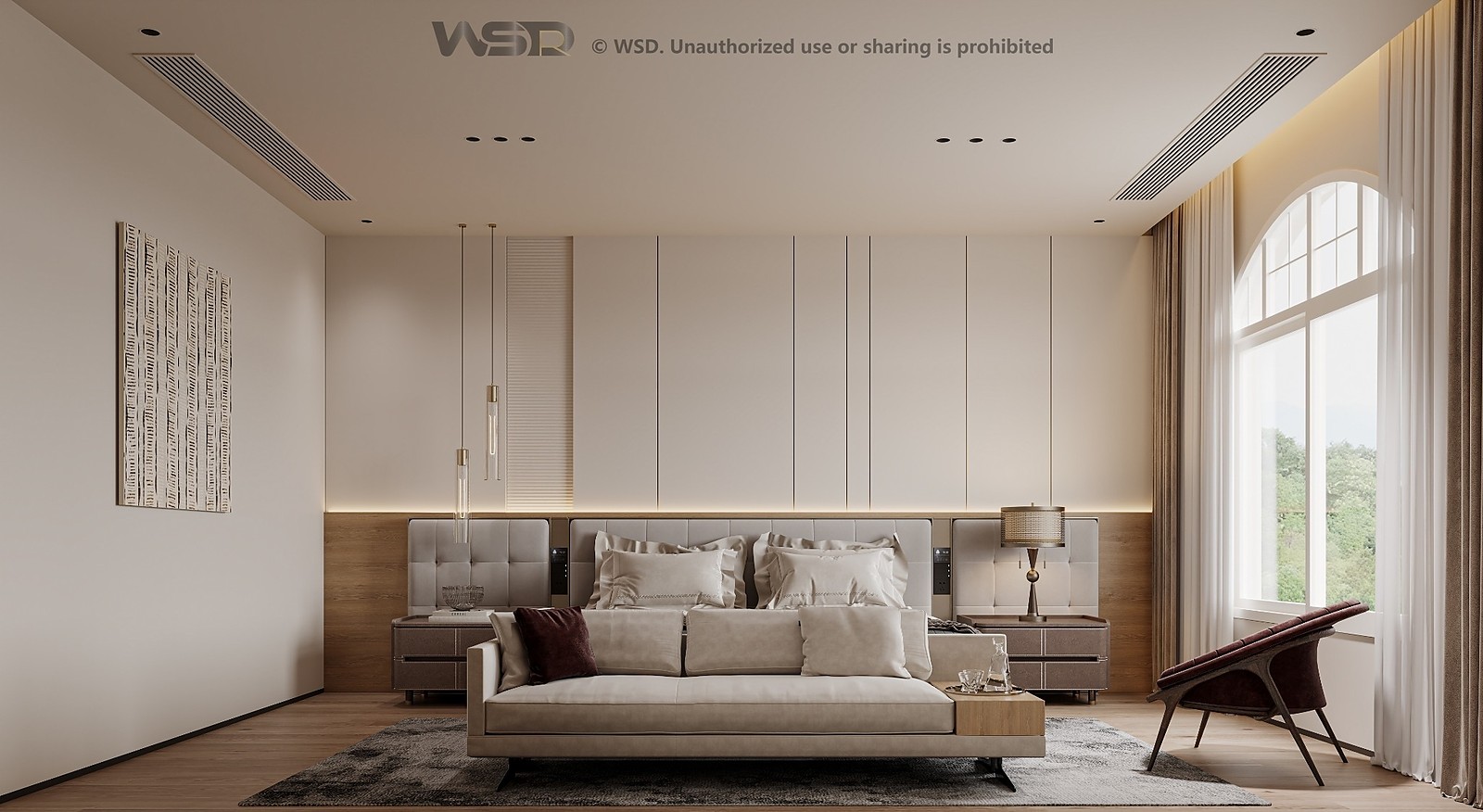 Shahama private villa master bedroom design scheme with warm timber and layered wall panels