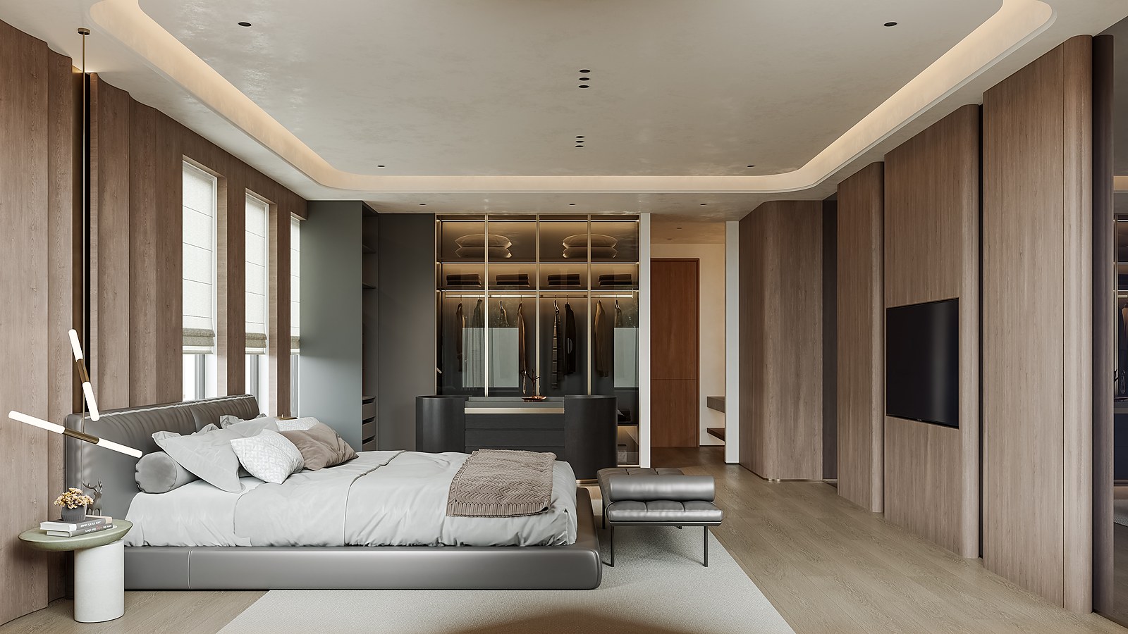 Italian style villa bedroom with timber wall panels, walk-in closet and soft lighting