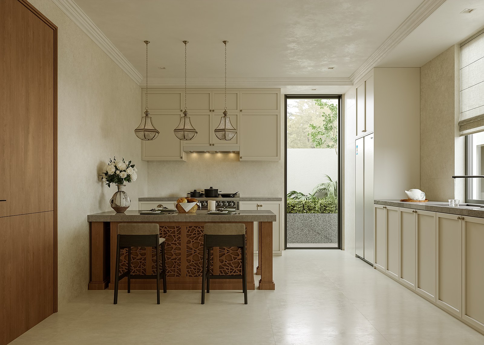 Villa sample house kitchen with cream cabinetry, timber details and island seating