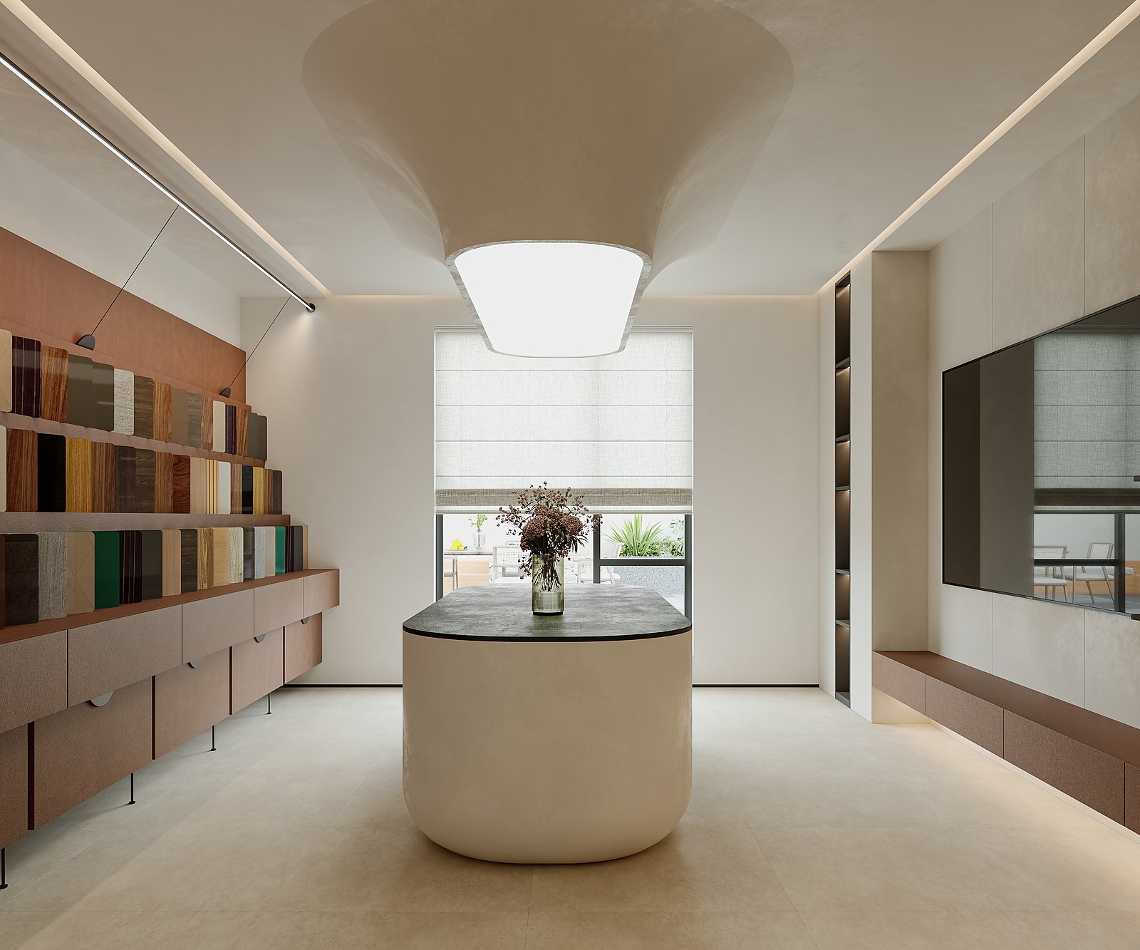 Villa material room with finish samples, display island and wall panels