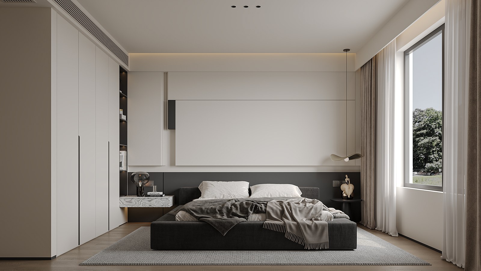 Modern villa bedroom with neutral palette, low bed and window light