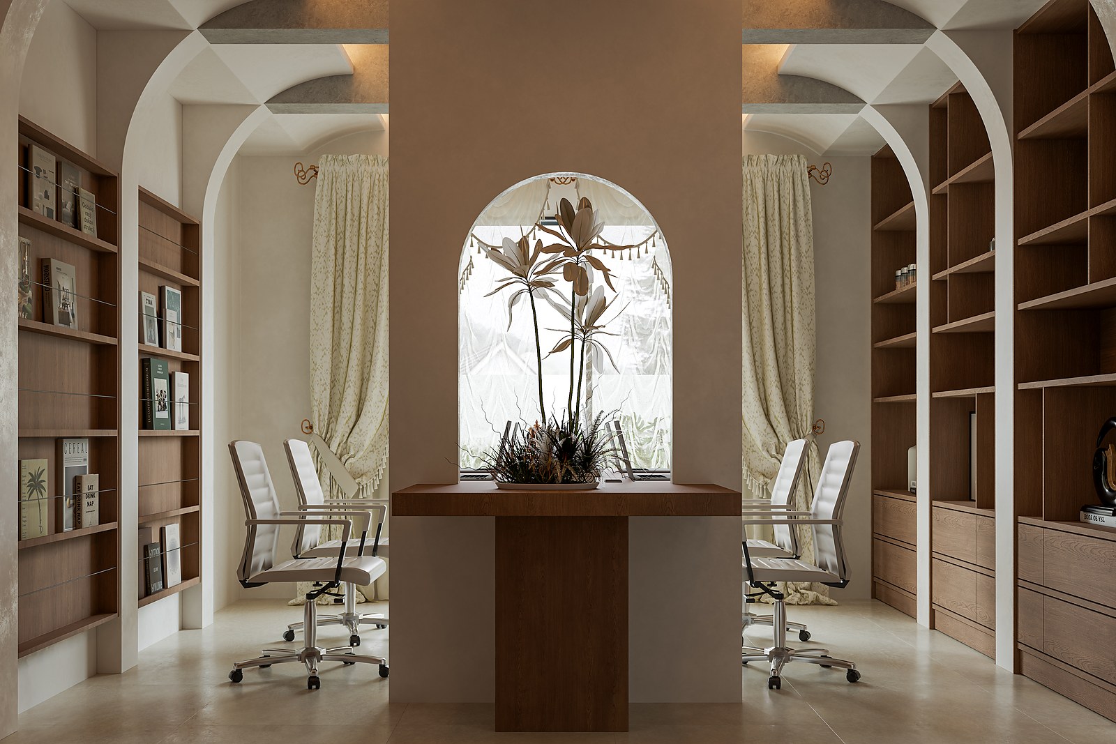 Villa study room with arched openings, timber shelves and a central desk
