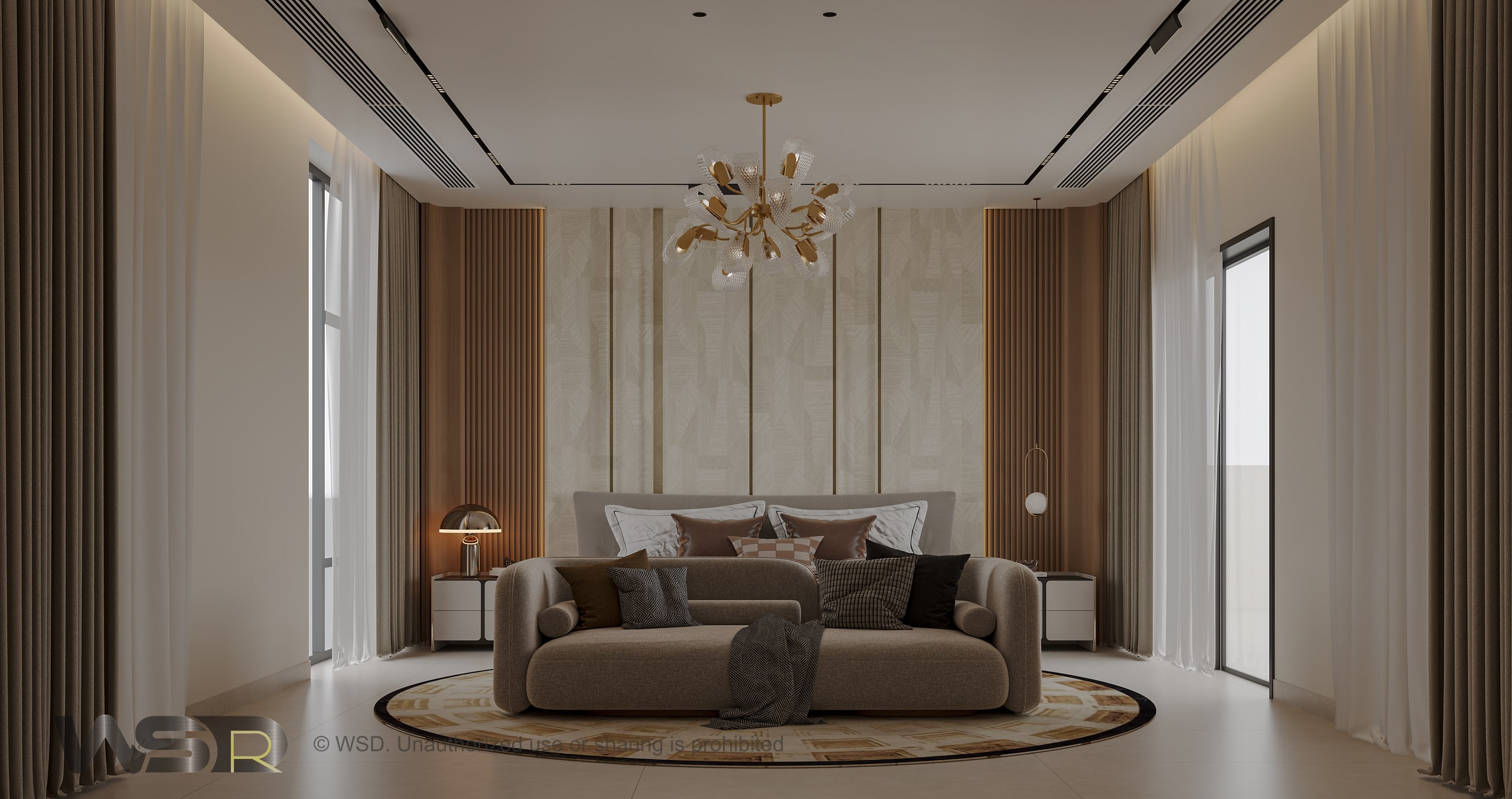 Shamkha master bedroom design with fitted panels and soft furnishing